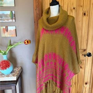 Wooden Ships Camel and Fuschia Knit Cowl Poncho with fringe